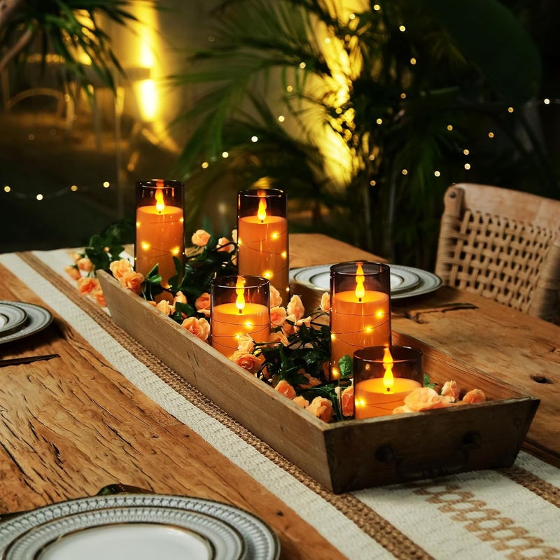 Homemory 9 Pcs Flameless Candles with Embedded Star String Fairy Lights, Battery Operated Candles, LED Fake Candles with Remote Control and Timer, Gray Acrylic - Image 4